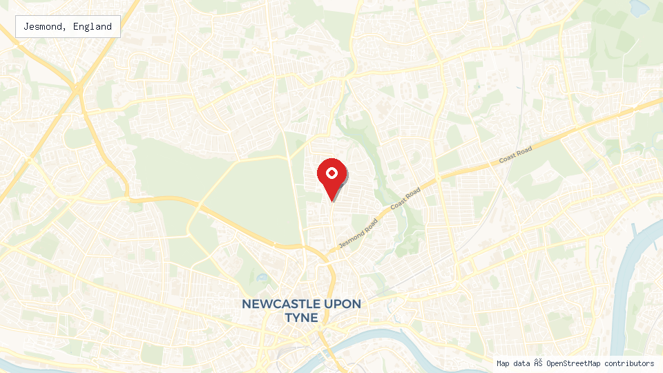 Street map of Jesmond, England with location pin