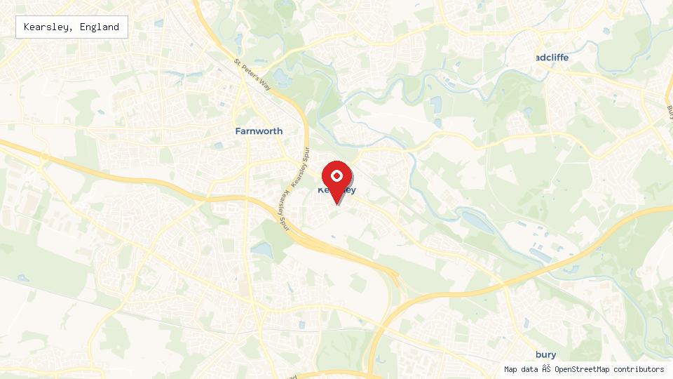 Street map of Kearsley, England with location pin