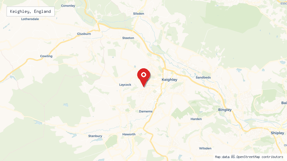 Street map of Keighley, England with location pin