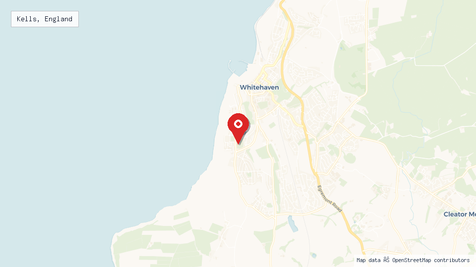 Street map of Kells, England with location pin