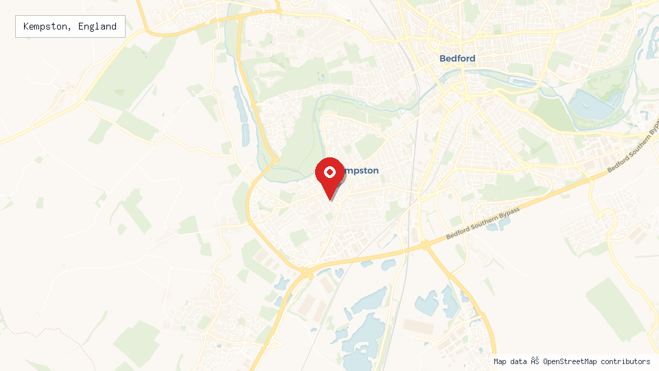 Street map of Kempston, England with location pin