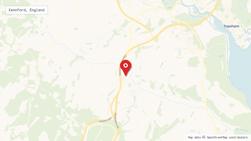 Street map of Kennford, England with location pin