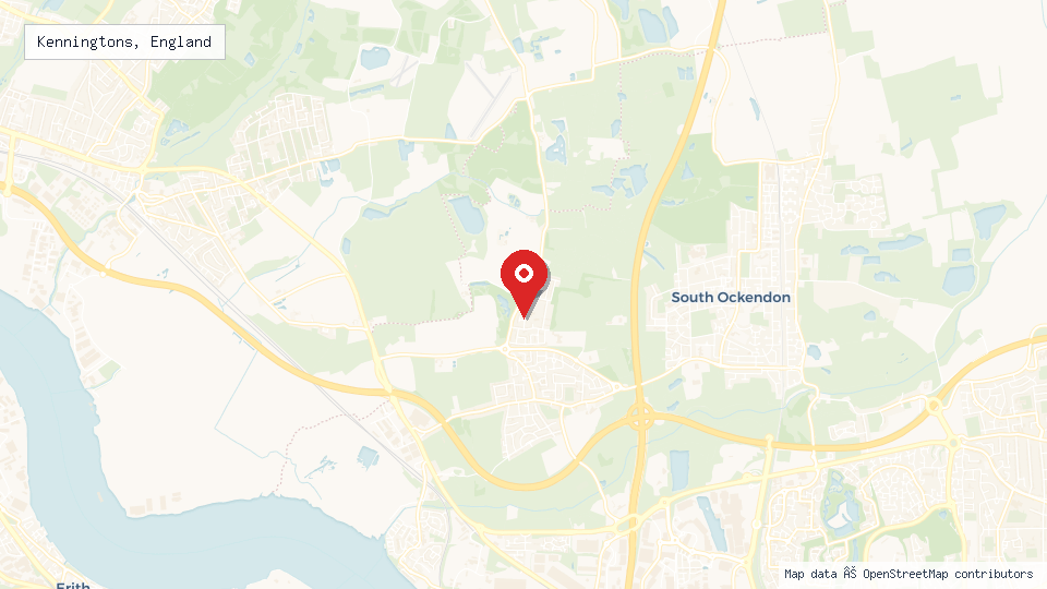 Street map of Kenningtons, England with location pin