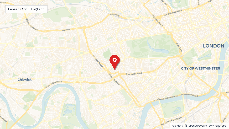 Street map of Kensington, England with location pin