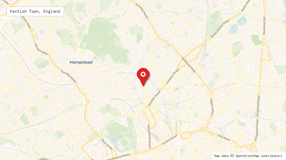 Street map of Kentish Town, England with location pin