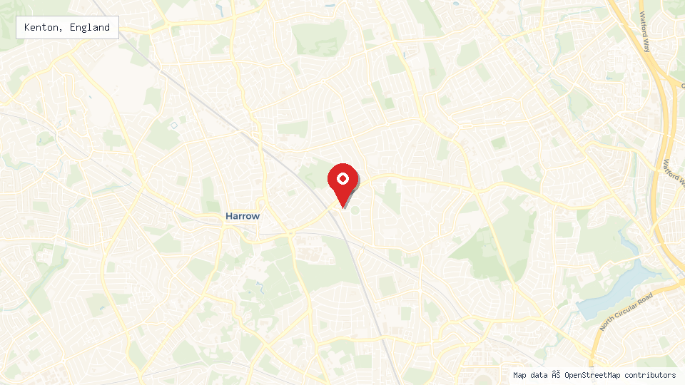 Street map of Kenton, England with location pin