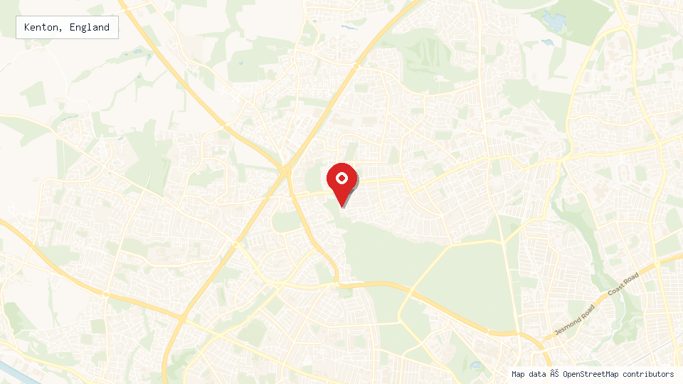 Street map of Kenton, England with location pin
