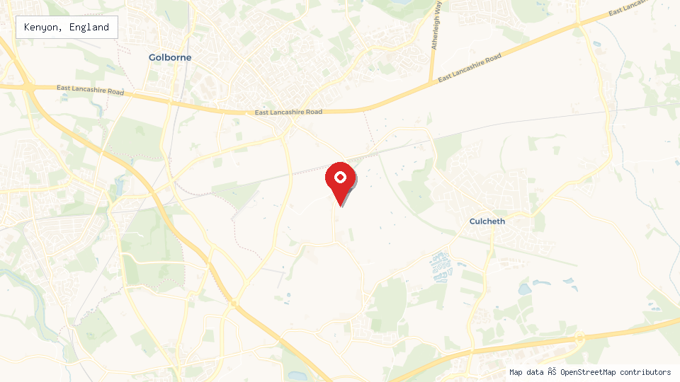 Street map of Kenyon, England with location pin