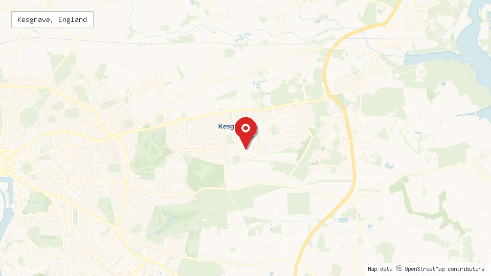 Street map of Kesgrave, England with location pin