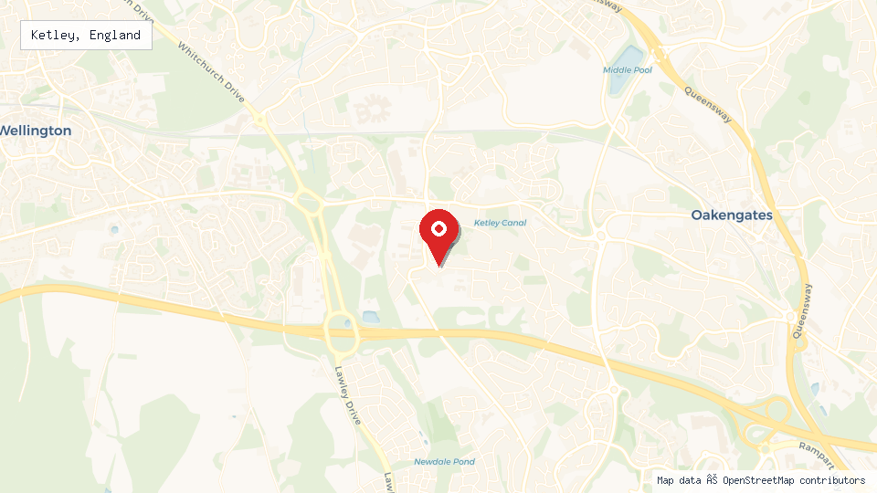 Street map of Ketley, England with location pin