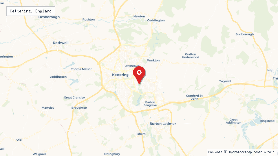Street map of Kettering, England with location pin