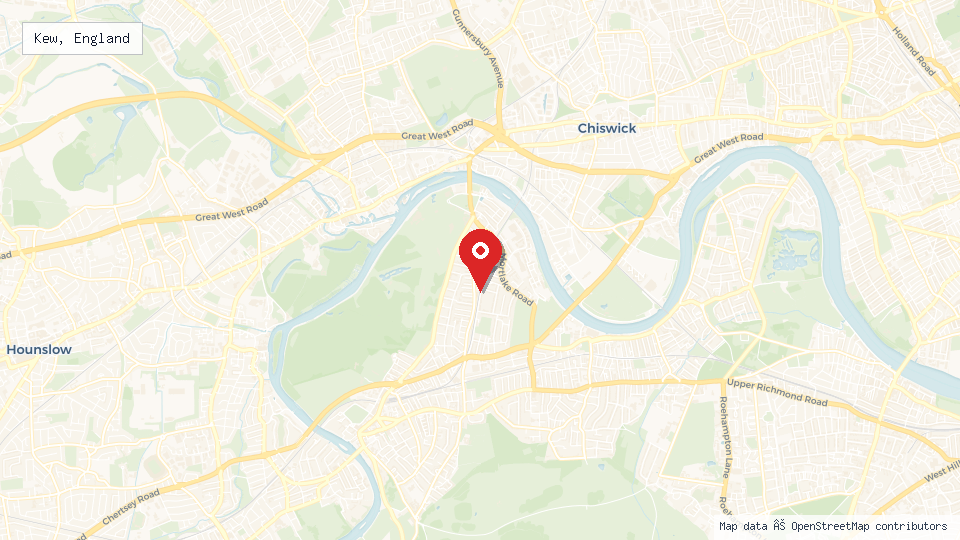 Street map of Kew, England with location pin