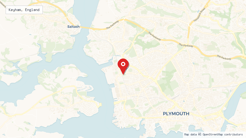 Street map of Keyham, England with location pin