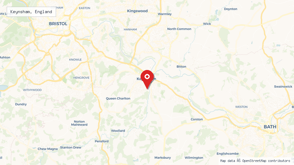 Street map of Keynsham, England with location pin