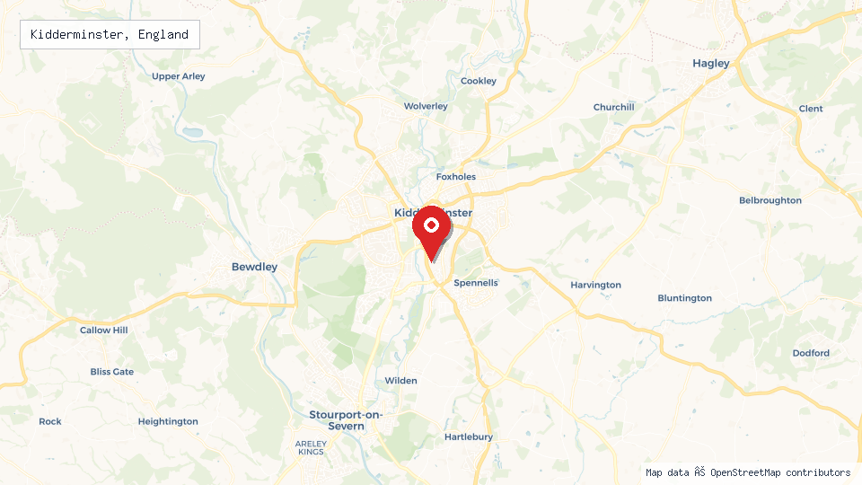 Street map of Kidderminster, England with location pin