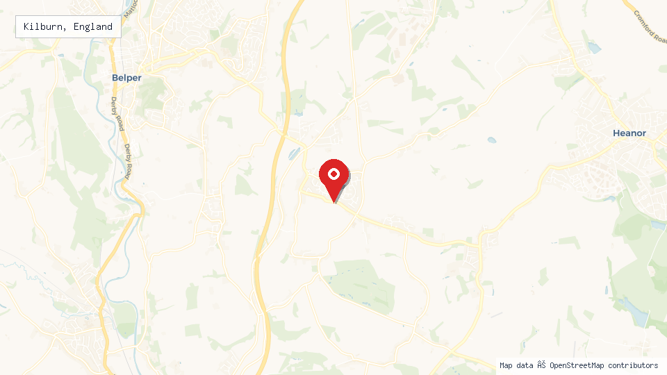 Street map of Kilburn, England with location pin