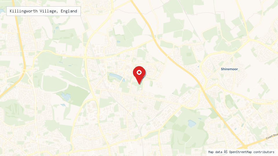 Street map of Killingworth Village, England with location pin