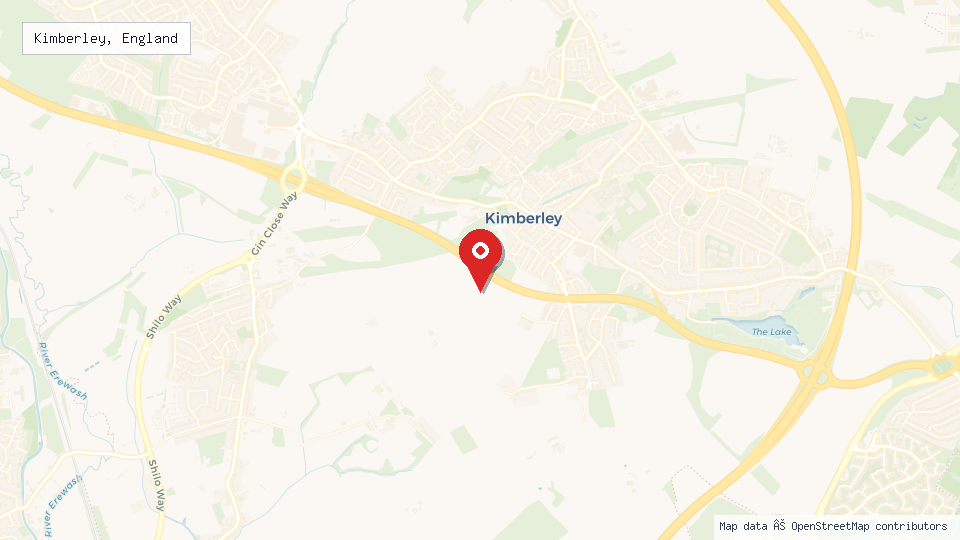 Street map of Kimberley, England with location pin