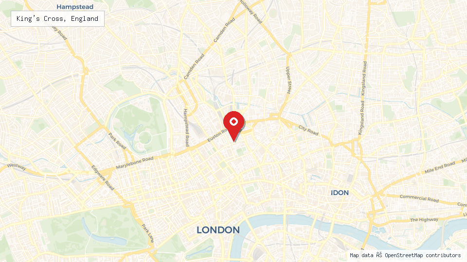 Street map of King's Cross, England with location pin