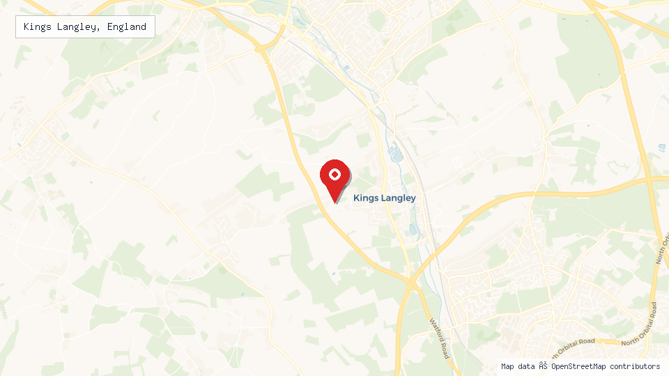 Street map of Kings Langley, England with location pin