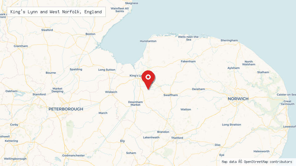 Street map of King's Lynn and West Norfolk, England with location pin