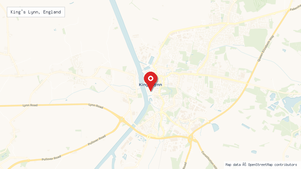 Street map of King's Lynn, England with location pin