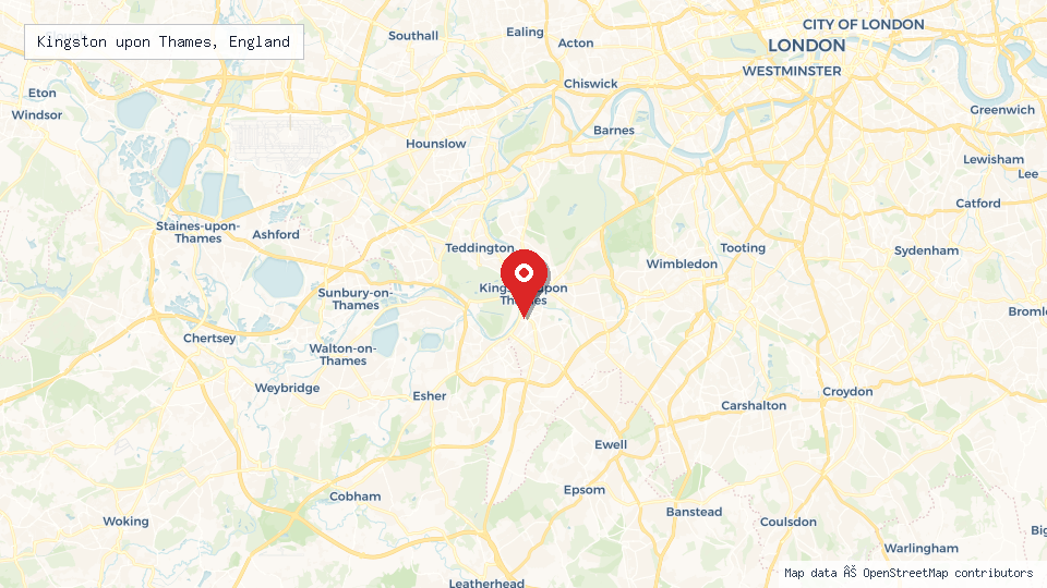 Street map of Kingston upon Thames, England with location pin