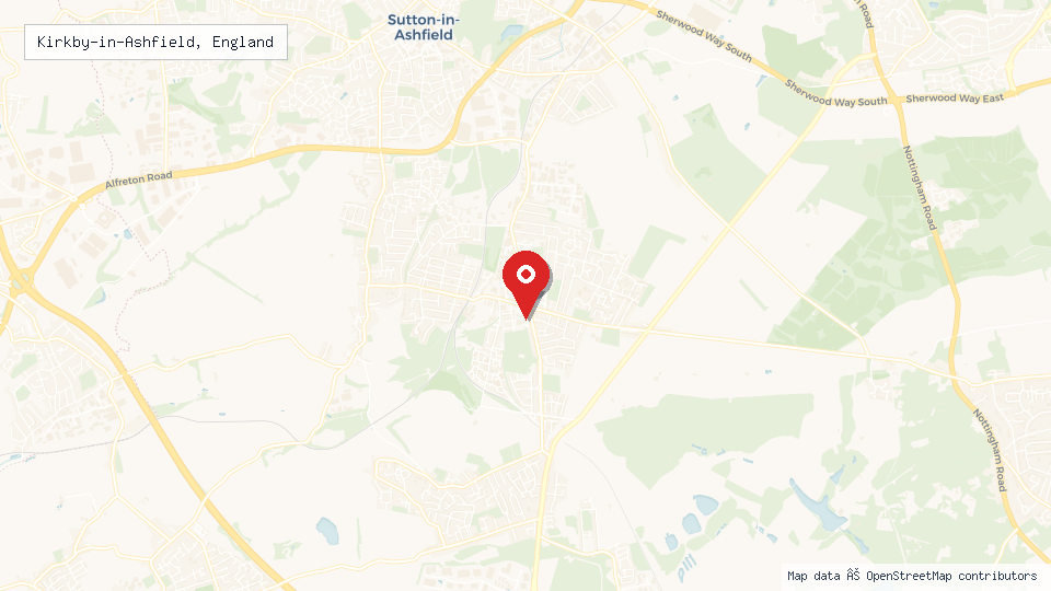 Street map of Kirkby-in-Ashfield, England with location pin
