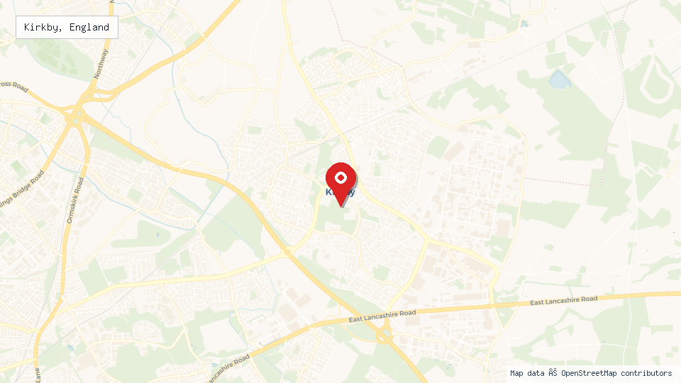 Street map of Kirkby, England with location pin