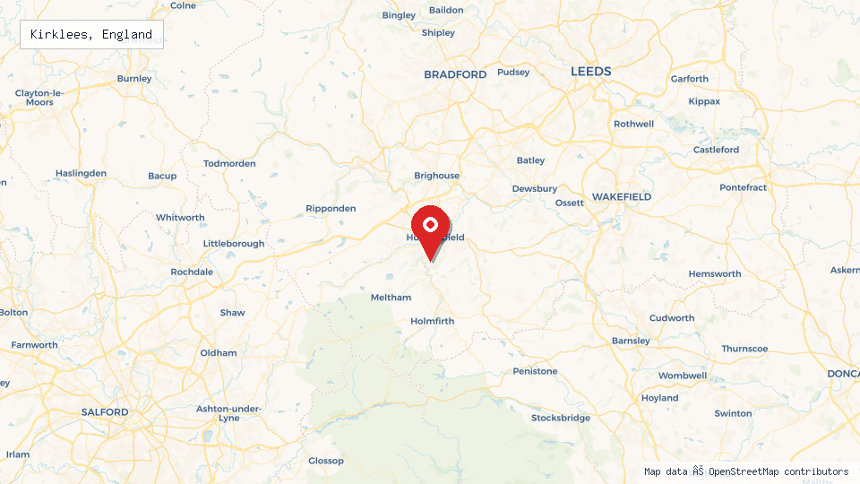 Street map of Kirklees, England with location pin