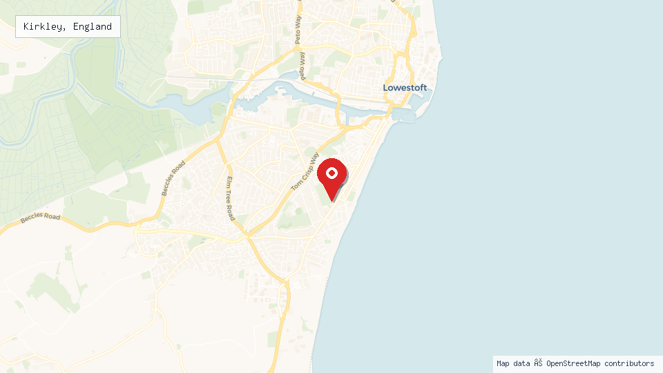 Street map of Kirkley, England with location pin