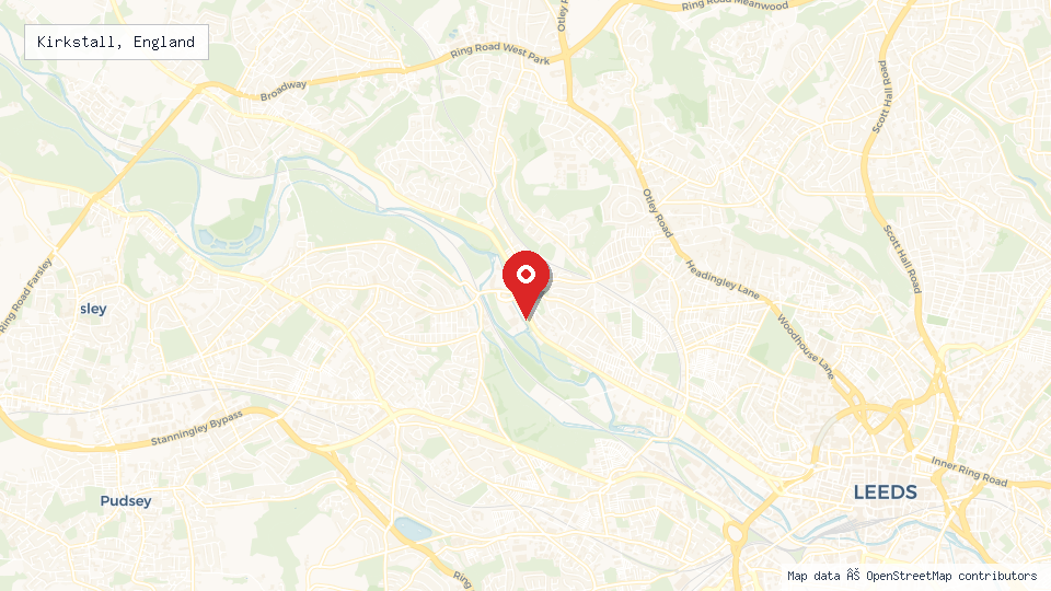 Street map of Kirkstall, England with location pin