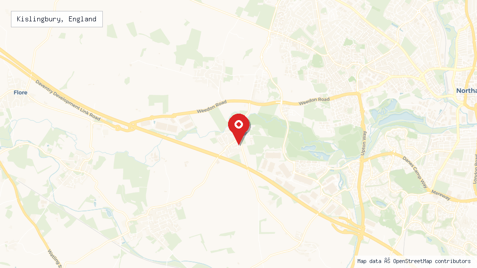 Street map of Kislingbury, England with location pin