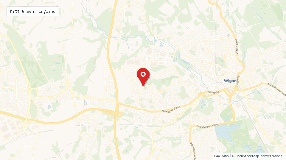 Street map of Kitt Green, England with location pin