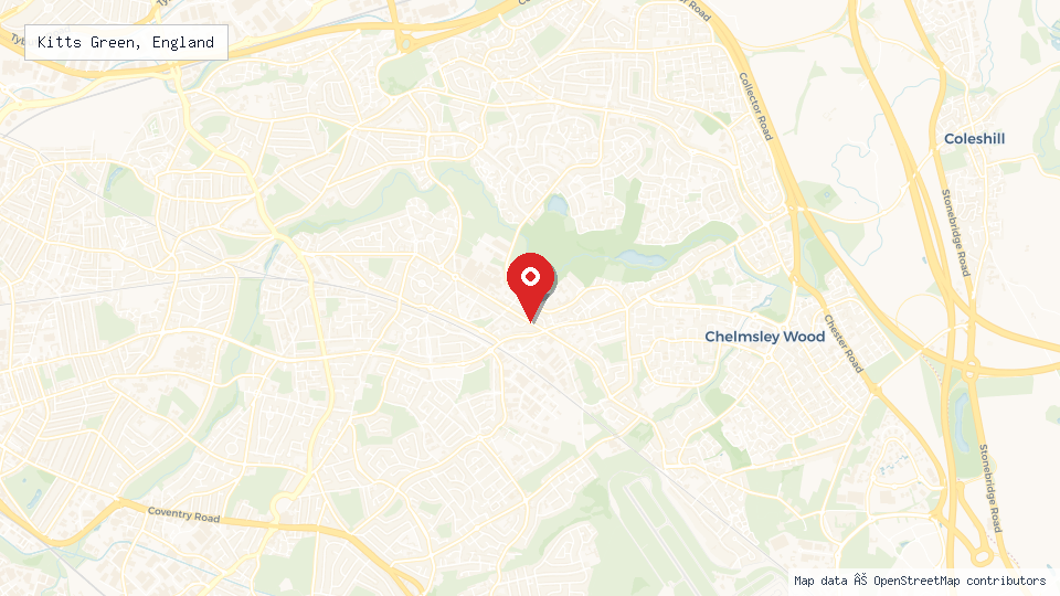 Street map of Kitts Green, England with location pin