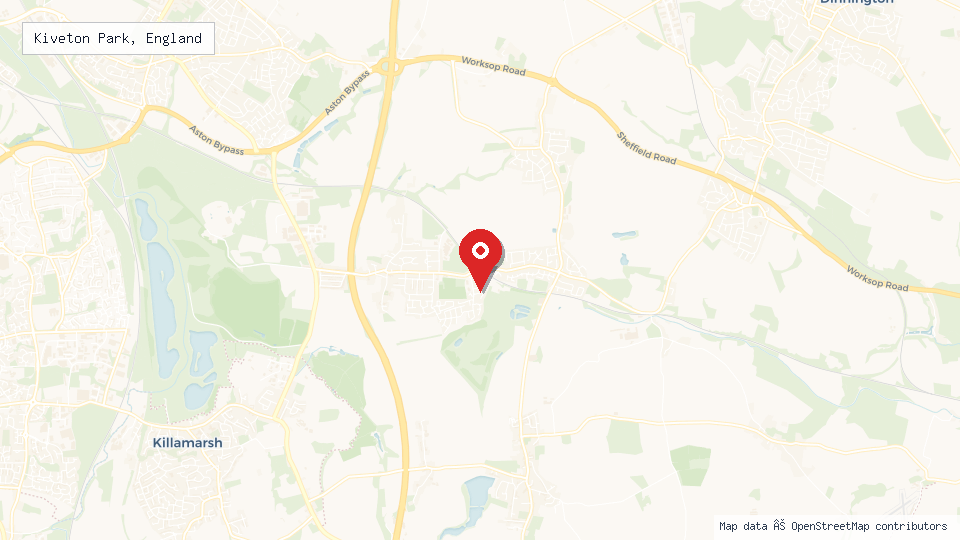 Street map of Kiveton Park, England with location pin