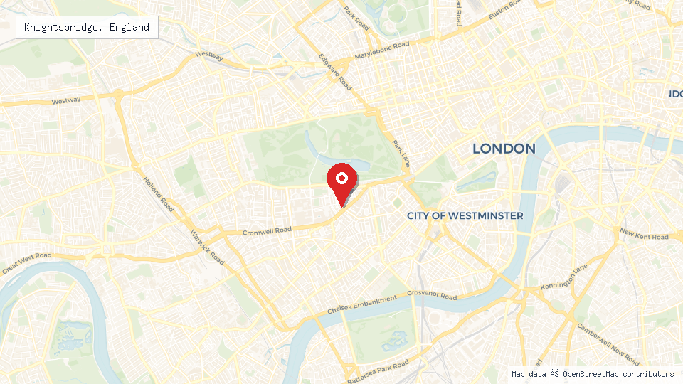 Street map of Knightsbridge, England with location pin