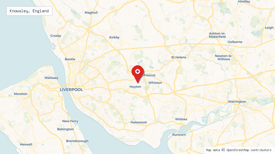 Street map of Knowsley, England with location pin