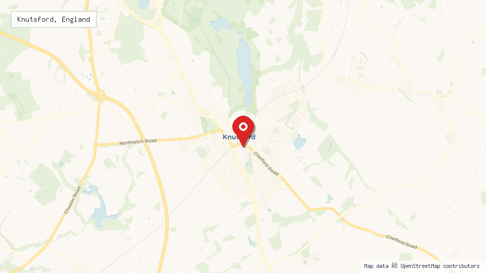 Street map of Knutsford, England with location pin
