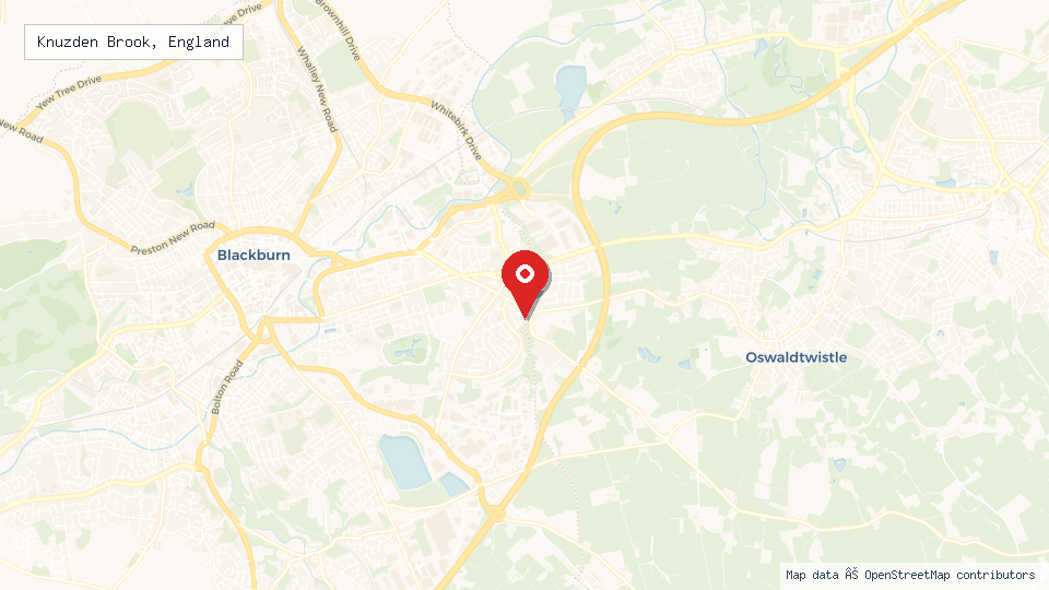 Street map of Knuzden Brook, England with location pin