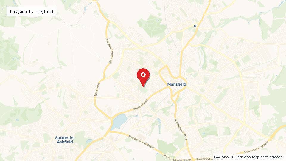 Street map of Ladybrook, England with location pin
