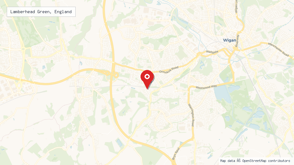 Street map of Lamberhead Green, England with location pin