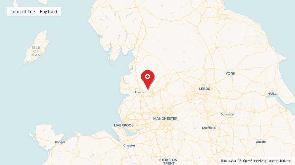 Street map of Lancashire, England with location pin