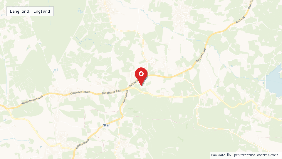 Street map of Langford, England with location pin
