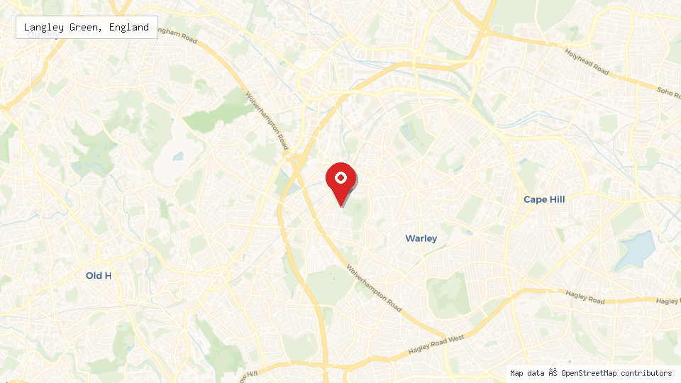 Street map of Langley Green, England with location pin