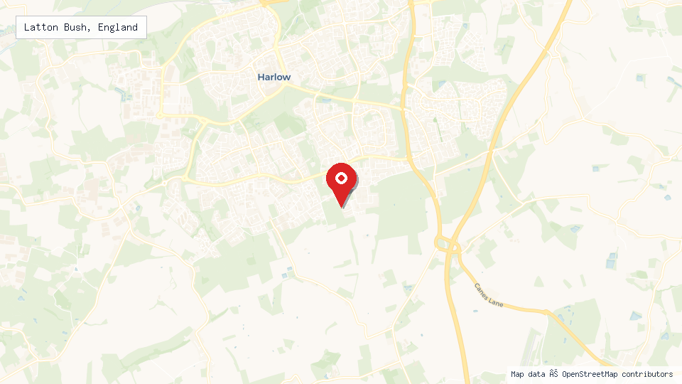 Street map of Latton Bush, England with location pin