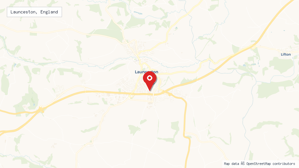 Street map of Launceston, England with location pin