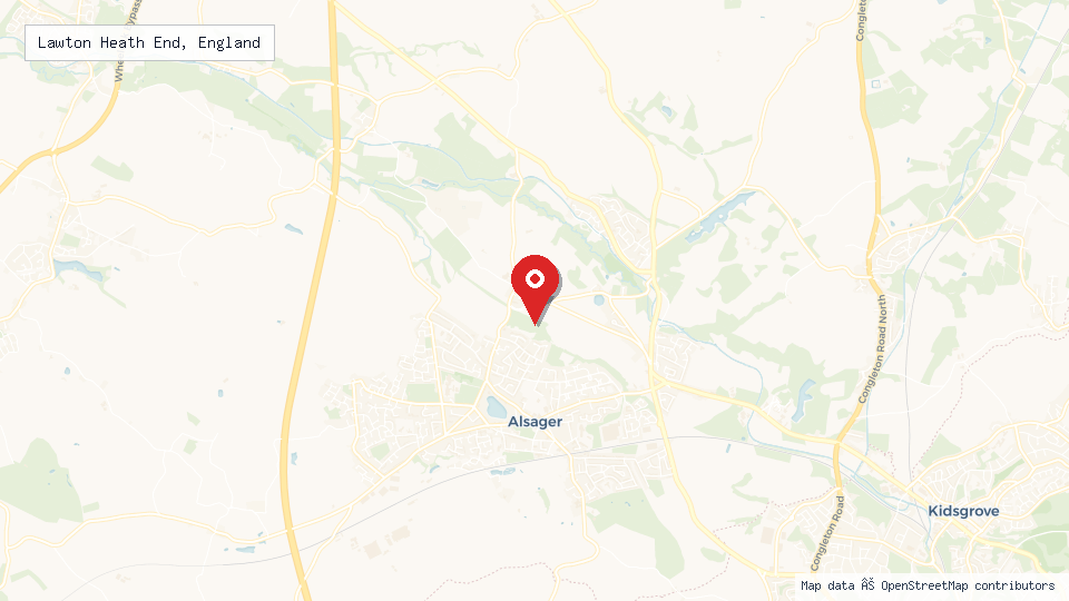Street map of Lawton Heath End, England with location pin