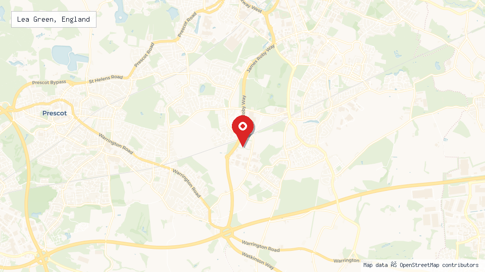 Street map of Lea Green, England with location pin
