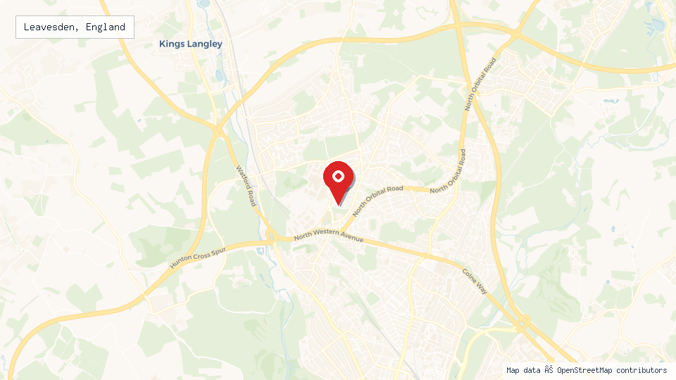 Street map of Leavesden, England with location pin